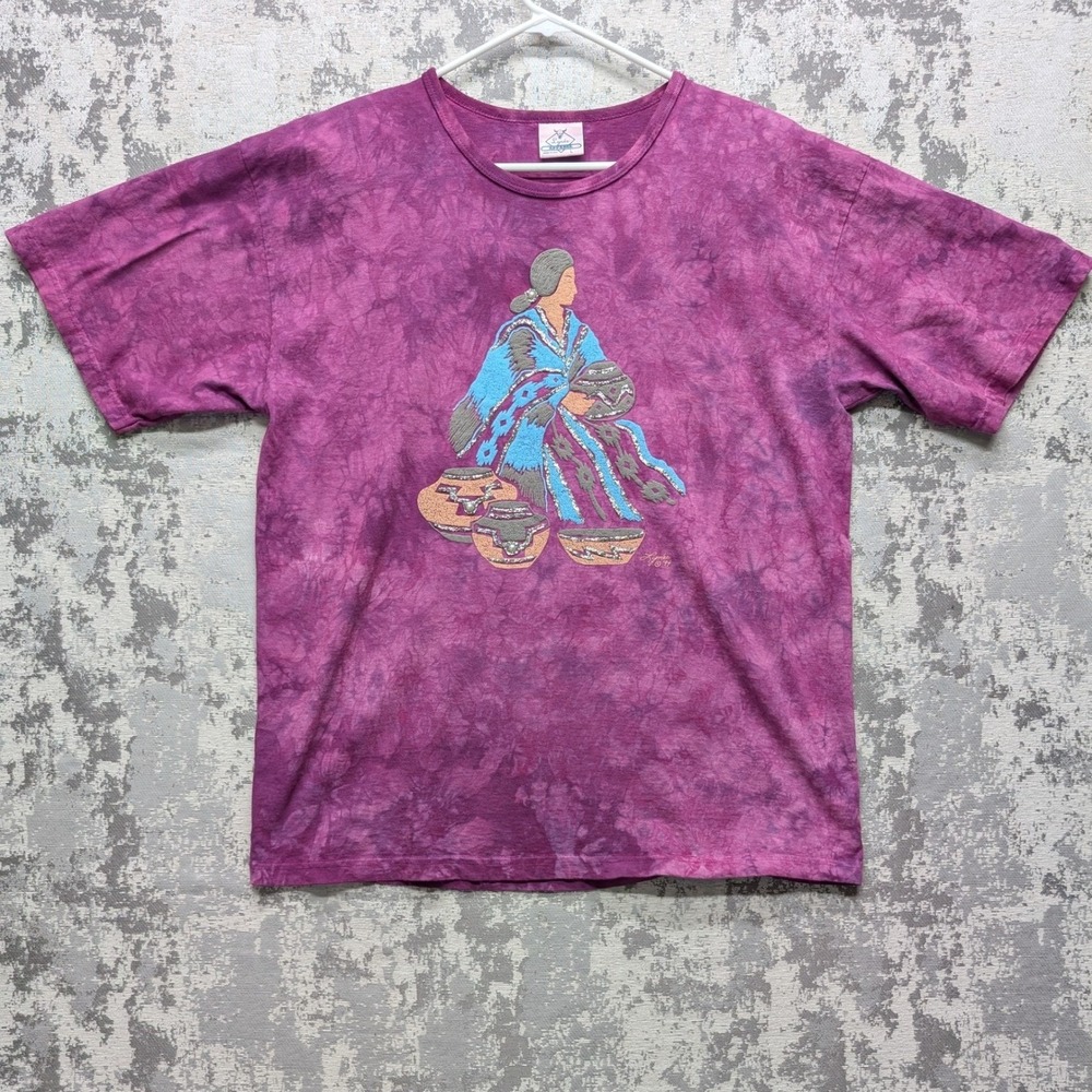 VTG '94 Lynee Apparel Womens Tie Dye T Shirt Native American Art Graphic‎ Large